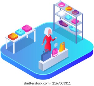 Choosing clothes and accessories in store concept. Female buyer chooses handbag while shopping. Lady customer trying on new clutch bag in shopping mall. Stylish woman in store or fashion boutique