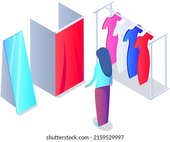 Choosing clothes in store, shopping concept. Female buyer chooses clothing in dressing room. Customer trying on dress in mall vector illustration. Woman stands in fitting room of store or boutique