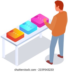 Choosing clothes in store, shopping concept. Male buyer chooses clothing in dressing room. Customer with dress hanging on hanger in mall. Man shopper stands in fitting room of store or boutique