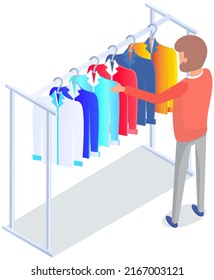Choosing clothes in store, shopping concept. Male buyer chooses clothing in dressing room. Customer with dress hanging on hanger in mall. Man shopper stands in fitting room of store or boutique