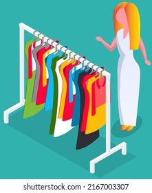 Choosing clothes in store, shopping concept. Female buyer chooses clothing in dressing room. Customer with dress hanging on hanger in mall. Woman shopper stands in fitting room of store or boutique
