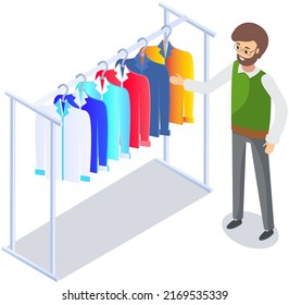 Choosing clothes in store, shopping concept. Male buyer chooses clothing in dressing room. Customer with dress hanging on hanger in mall. Man shopper stands in fitting room of store or boutique