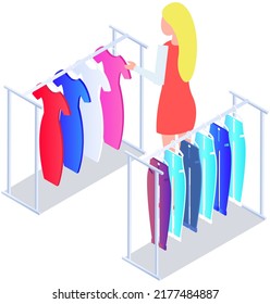 Choosing clothes in store, shopping concept. Female buyer chooses clothing in dressing room. Customer with dress hanging on hanger in mall. Woman shopper stands in fitting room of store or boutique