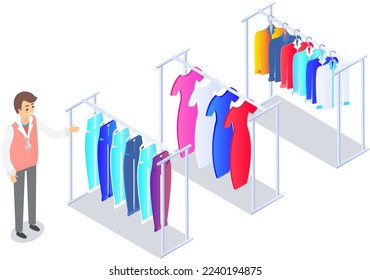 Choosing clothes in store, shopping concept. Male buyer chooses clothing in dressing room. Customer with dress hanging on hanger in mall. Man shopper stands in fitting room of store or boutique