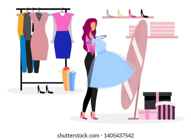 Choosing clothes in wardrobe flat illustration. Shopper buying new outfit in clothing store. Elegant lady purchasing evening gown for festive event. Fashionista, shopaholic in boutique fitting room