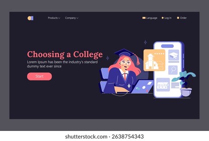Choosing a college involves navigating options and resources. The illustration shows a student engaged with technology while exploring educational choices. A blend of modern design and student life