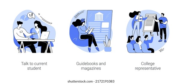 Choosing a college isolated cartoon vector illustrations set. School graduate talk to current student, teenager reading guidebook, representative handles brochures, making choice vector cartoon.