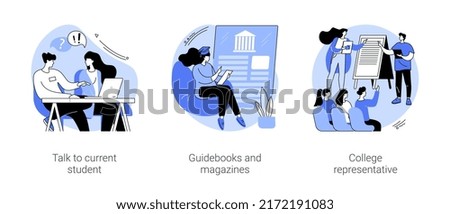 Choosing a college isolated cartoon vector illustrations set. School graduate talk to current student, teenager reading guidebook, representative handles brochures, making choice vector cartoon.