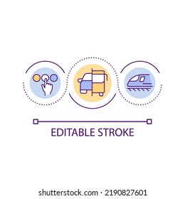 Elegir un icono de concepto de bucle de opciones de transporte cómodas. Creación de una ilustración de la línea delgada de la idea abstracta del servicio de movilidad. Dibujo de contorno aislado. Trazo editable. Tipo de letra arial utilizado