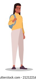 Choosing comfy clothes for travel semi flat RGB color vector illustration. Beautiful woman with backpack isolated cartoon character on white background