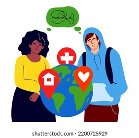 Choosing a country to emigrate - modern colorful flat design style illustration on white background. A European guy and an African American girl look at the globe and choose a location. New house