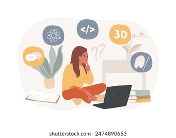 Choosing courses isolated cartoon vector illustrations. Thinking girl makes a decision, choosing online course and profession, distance learning during covid, virtual education vector cartoon.