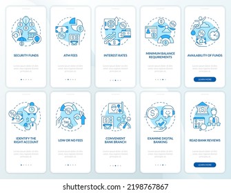 Choosing credit union and bank blue onboarding mobile app screen set. Walkthrough 5 steps editable graphic instructions with linear concepts. UI, UX, GUI template. Myriad Pro-Bold, Regular fonts used