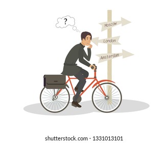 Choosing Destination for Annual Cycling Trip. Flat Vector Illustration. Man Dressed in Vintage Clothes with an Old Fashioned Hairstyle Sits on Bicycle Near Pointer and Thinks which Way to Go.