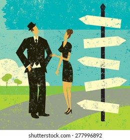 Choosing a destination A man and woman looking at a blank sign post and wondering which way to go. 