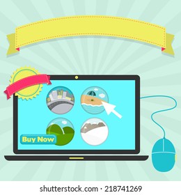 Choosing the destination of the trip online. Choosing the destination of the trip online through laptop: beach, waterfall, city or snow. Colorful artwork. Blank ribbon and stamp for insert text.