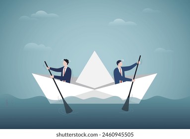 Choosing the direction of the business. Different opinions. Businessmen in the boat are rowing at the opposite direction from each other.