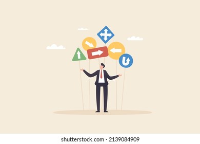 Choosing direction, Crossroads as business strategy choice and future options concept. Businessman and a signpost arrows.
