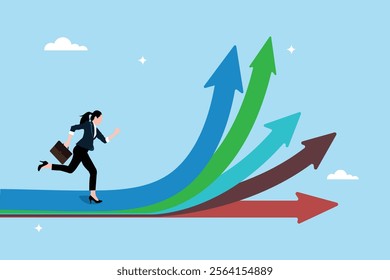 Choosing a direction for future opportunities. Businesswoman running towards different indicated paths.Various paths to success. Making the right decisions for a better career.