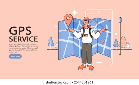 Choosing direction to go. effective business solution. Male character with gps pin. right decision making. Man read map and choose which way. Confused businessman holds map and stands at crossroads.