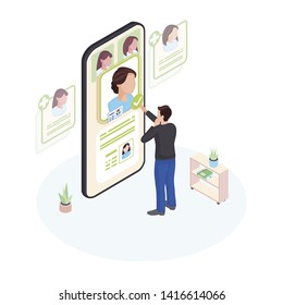 Choosing doctor online isometric illustration. Patient selecting physician profile on smartphone screen isolated character. Telemedicine personnel, specialists choice with telecommunication technology