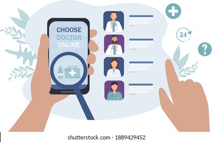 Choosing a doctor online. Telemedicine, remote medical services. Search for a specialist for medical consultation and diagnosis on the Internet.  Portraits of different specialist doctors. flat vector