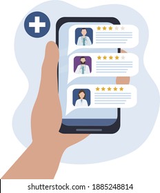 Choosing a doctor through a mobile app. Online medical consultation and diagnosis. Rating of doctors with description of services and reviews. Search for a specialist for medical care. Vector