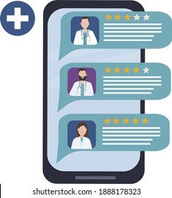 Choosing a doctor through a mobile app. Online medical consultation and diagnosis. Rating of doctors with description of services and reviews. Search for a specialist for medical care. Vector