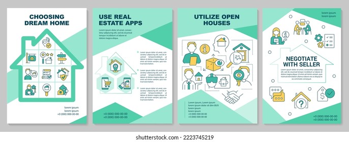 Choosing dream house brochure template. Home purchase tips. Leaflet design with linear icons. Editable 4 vector layouts for presentation, annual reports. Arial-Black, Myriad Pro-Regular fonts used