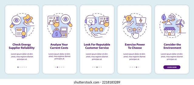 Choosing energy supplier factors onboarding mobile app screen. Walkthrough 5 steps editable graphic instructions with linear concepts. UI, UX, GUI template. Myriad Pro-Bold, Regular fonts used