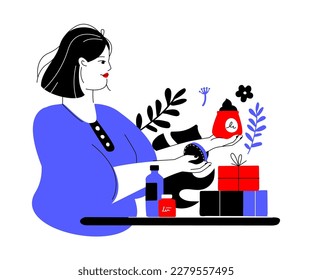Choosing a face cream - colorful flat design style illustration with linear elements. Red and blue colored composition with woman in cosmetics store testing skin care products. Anti-aging serum