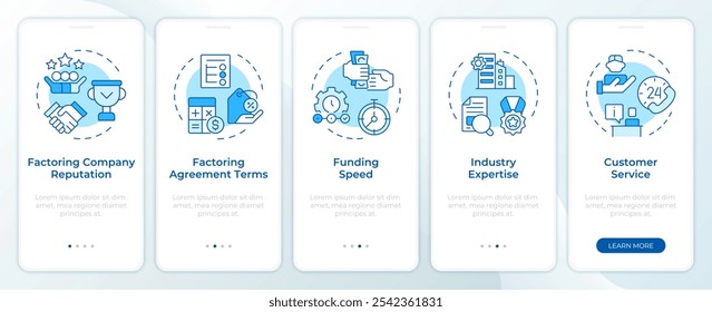 Elegir la pantalla azul del App móvil de incorporación de la compañía de factoring. Instrucciones gráficas editables de 5 pasos con conceptos lineales. PLANTILLA UI, UX, GUI