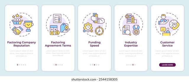 Escolhendo a tela do aplicativo móvel onboarding da empresa de factoring. Passo a passo 5 passos instruções gráficas editáveis com conceitos lineares. UI, UX, modelo de GUI