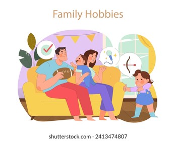 Choosing Family Hobbies concept. Indoor leisure with activities ranging from music to archery, fostering joy and skills.