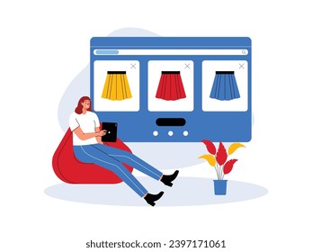 Choosing fashion products at promotional prices through online market websites, cyber Monday vector illustration.