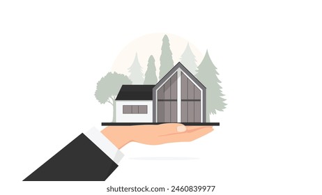 Choosing and finding a house, house project, flat. The concept of a real estate business, a realtor. The man keeps the house. Vector