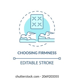 Choosing firmness blue concept icon. Mattress type abstract idea thin line illustration. Comfortable sleeping, backbone health. Orthopedic bed. Vector isolated outline color drawing. Editable stroke