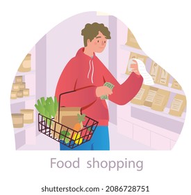 Choosing Food In Grocery Shop Concept. Young Man With Basket Holds Grocery List And Money And Buys Products At Supermarket. Male Character Makes Purchases. Cartoon Modern Flat Vector Illustration