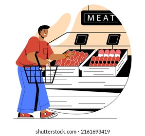 Choosing Food In Grocery Store. Man With Shopping Basket Standing In Meat Department And Buying Beef. Consumer Chooses Products In Supermarket. Cartoon Flat Vector Illustration In Doodle Style