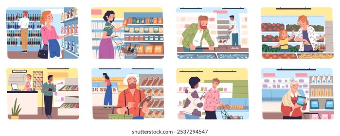 Choosing food grocery store. Shoppers visits supermarket, consumer choose buy product on shelf shelving aisle vegetable department, buyer retail store classy vector illustration original artwork