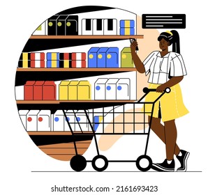 Choosing Food In Grocery Store. Woman With Shopping Cart Looks At List Of Products On Smartphone. Character Stand Next To Shelves In Supermarket. Cartoon Flat Vector Illustration In Doodle Style