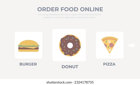 Choosing food for home delivery vector. Selecting dishes on web site. Order food online illustration. 