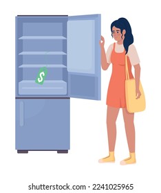 Choosing fridge 2D vector isolated illustration. Buying house appliance. Female flat characters on cartoon background. Colorful editable scene for mobile, website, presentation. Bebas Neue font used