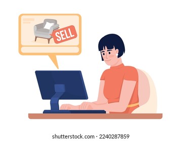 Choosing furniture online 2D vector isolated illustration. Discount on armchair flat character on cartoon background. Colorful editable scene for mobile, website, presentation. Bebas Neue font used