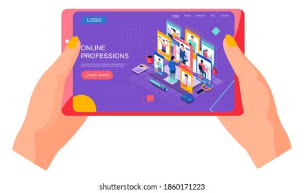 Einen zukünftigen Beruf wählen. Weibliche Hände, die eine Tablette mit Informationen über Berufe mit Bildern von Männern verschiedener Spezialitäten und Aktivitäten mit Beschreibung und Gehältern. Online-Bildung
