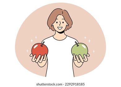 Choosing and getting decision concept. Young woman standing and holding green and red apple in hands offering to choose vector illustration