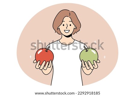 Choosing and getting decision concept. Young woman standing and holding green and red apple in hands offering to choose vector illustration