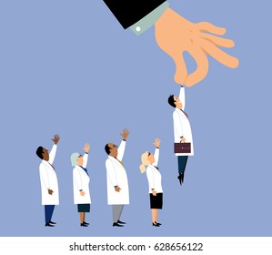  Choosing a good doctor. Giant hand picking up a chosen doctor from a line of candidates, EPS 8 vector illustration