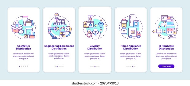 Choosing goods for distribution tips onboarding mobile app page screen. Wholesale walkthrough 5 steps graphic instructions with concepts. UI, UX, GUI vector template with linear color illustrations