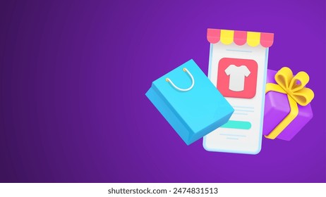 Choosing goods online store smartphone website application awning with shopping bag and gift box 3d icon vector illustration. Internet shop purchasing with special offer mobile phone screen isolated